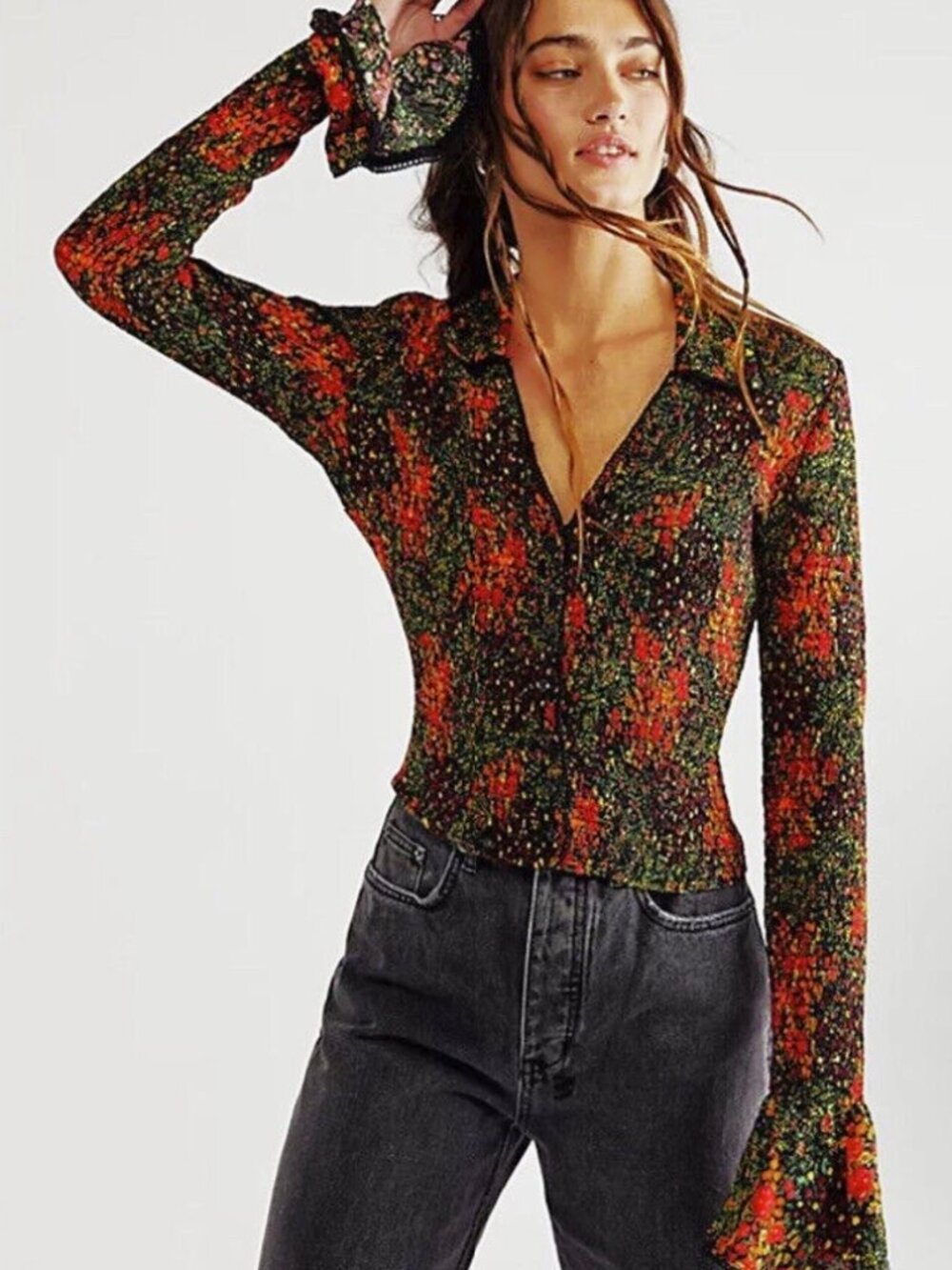 Free People Whimsigoth Floral Shirred Bell Sleeve Blouse